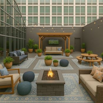 Outdoor amenity deck with fire pit, grilling stations, plentiful seating and outdoor tv area